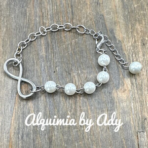 Edison crystal pearls rosary link silver infinity love knot adjustable bracelet